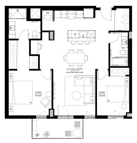Floor plan for 2 beds, 2 baths, 1079 sqft
